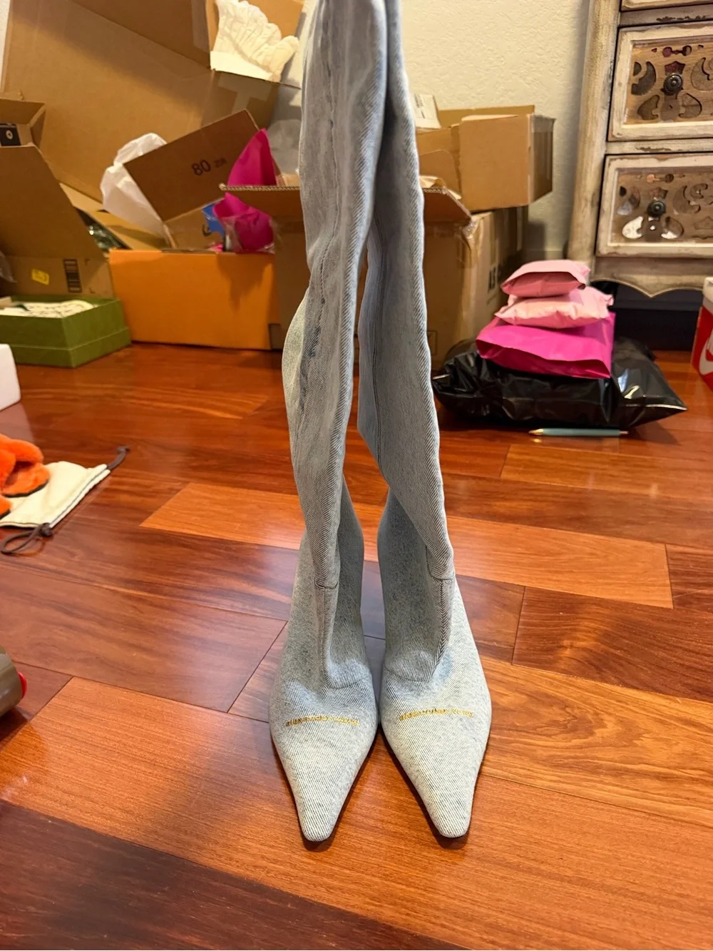 Alexander Wang Light Gray Stretch Over-the-Knee Pointed-Toe Boots